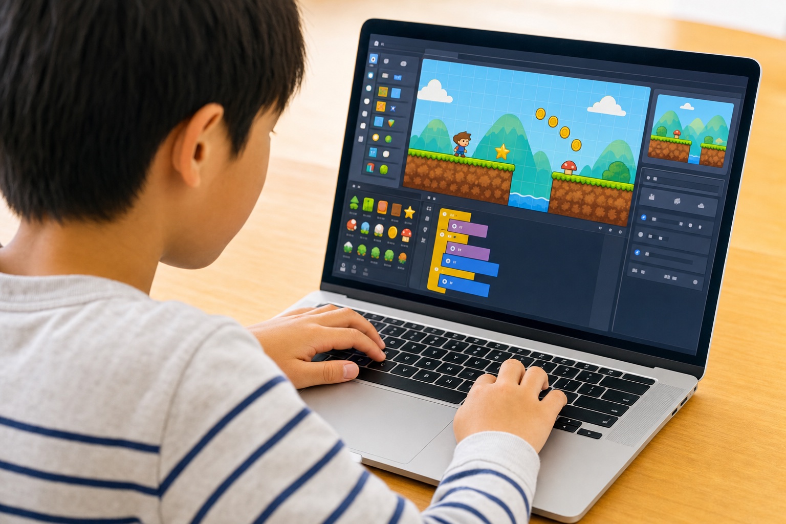 パソコンでプラットフォームゲームを制作する子どもの後ろ姿