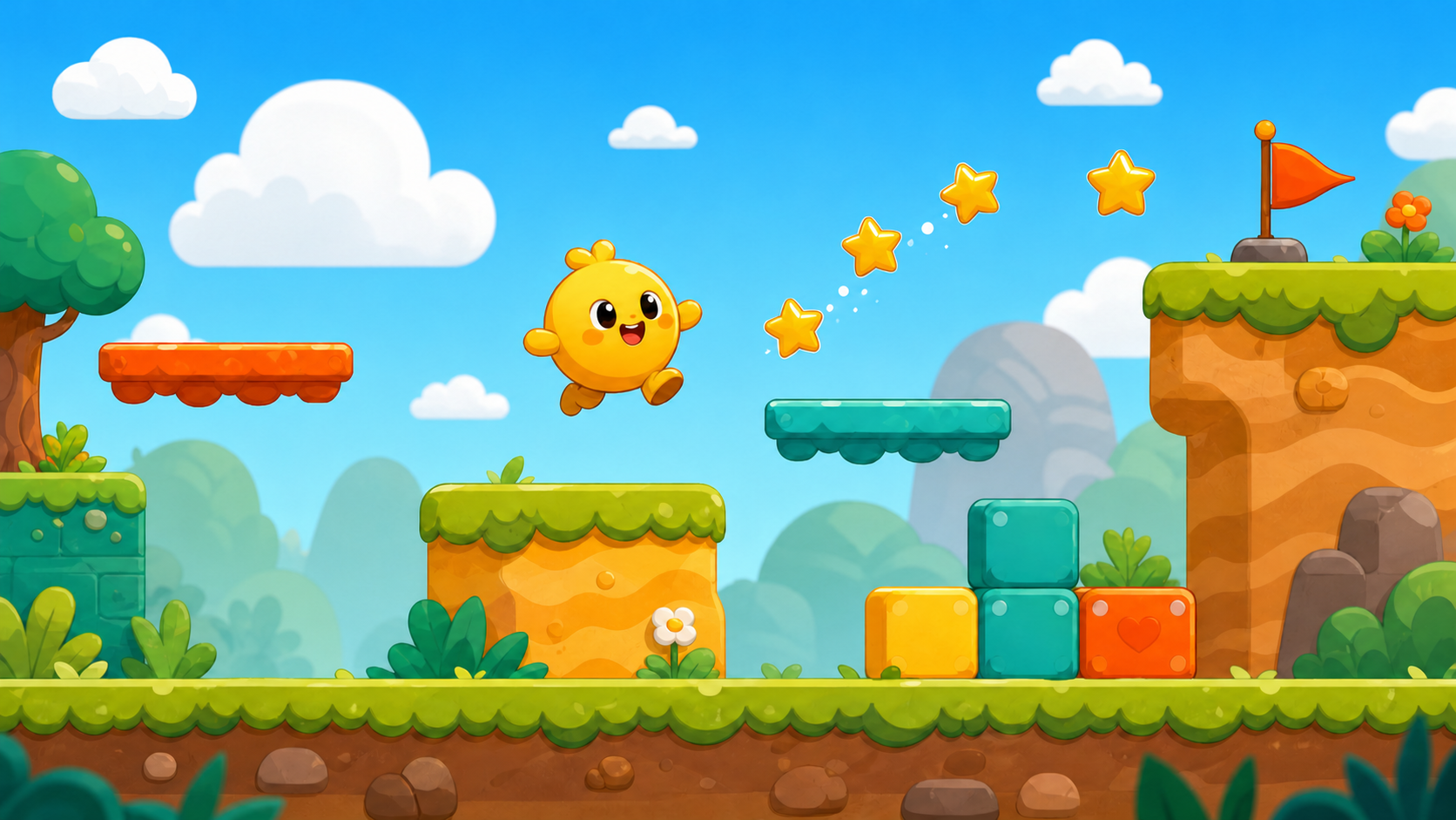 青空を背景にしたカラフルな2Dプラットフォームゲーム