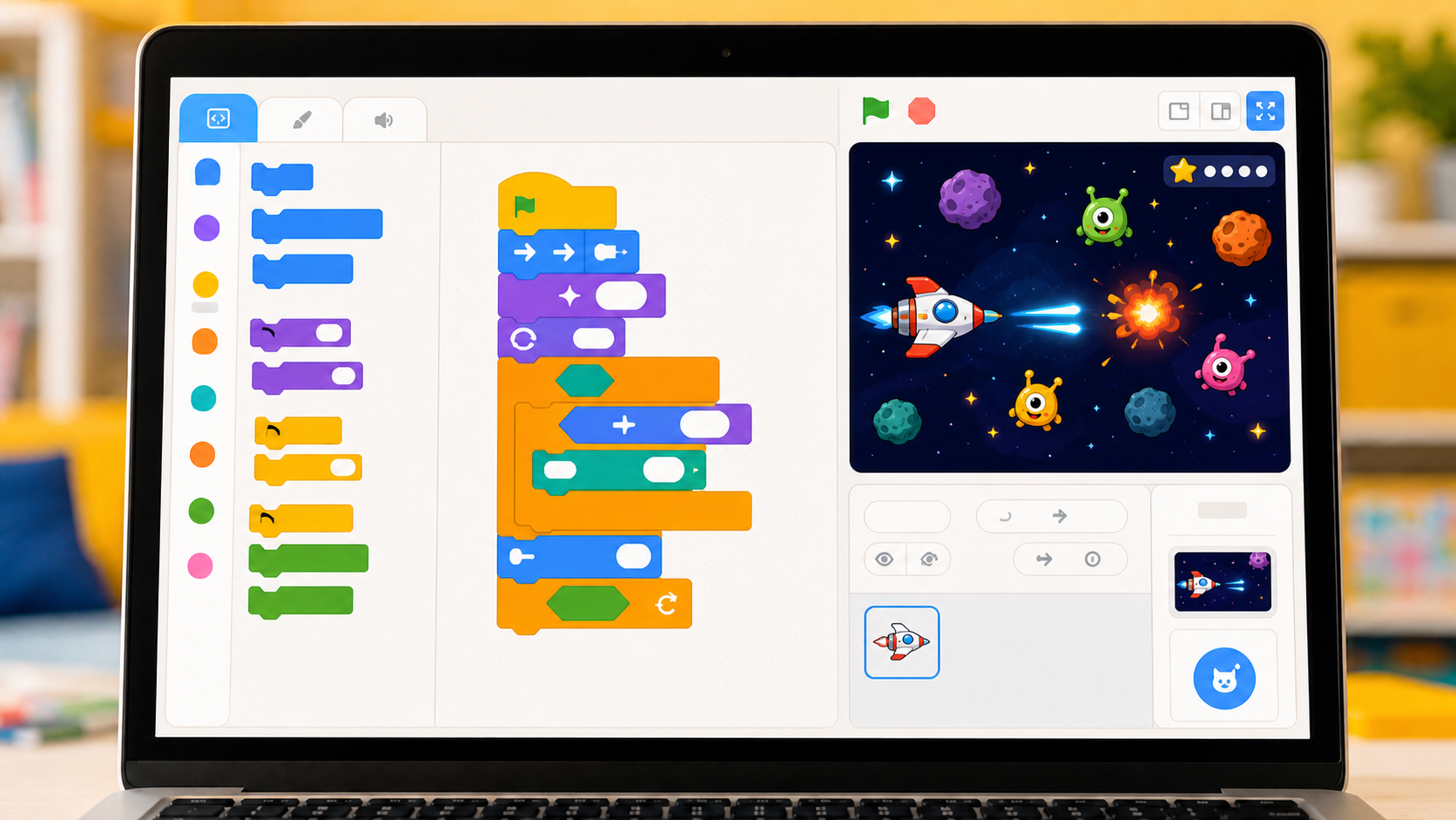 Scratchで宇宙シューティングゲームを制作している画面