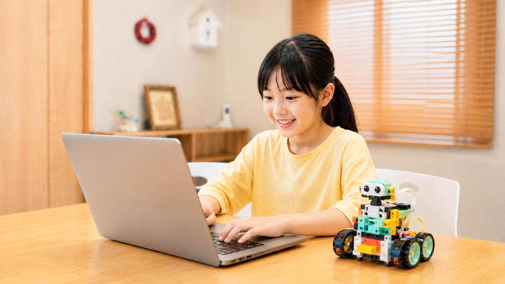 明るい教室でノートパソコンを笑顔で操作する小学生の女の子と、机の上のブロック製ロボット